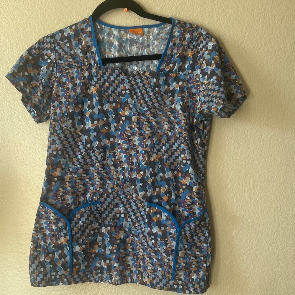 Blue and Brown Geometric Short Sleeve Scrub Top